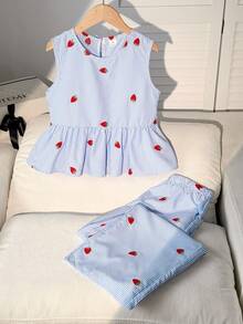 SHEIN 2件套少女碎花无袖上衣和宽松休闲裤套装 - 藍色 - 查看 2