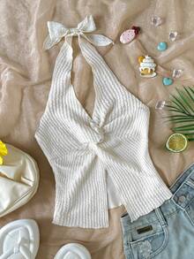 SHEIN Teen Girls Vacation Halter Tie Knot Hem Slit Open Back Halter Top, A-Line Slit Backless Tank Top, Mustard Black Textured Twist Front Frill Trim Fitted, Suitable For Summer, Vacation, Fashionable Occasions - Beige - View 1