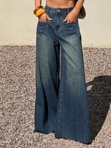 DAZY 复古高腰喇叭牛仔裤，女士休闲阔腿牛仔裤 - Blue Ambition - 查看 4