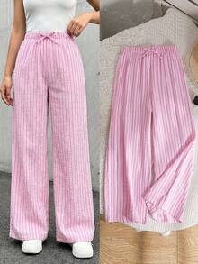 少女粉色条纹宽松阔腿裤，休闲可爱时尚百搭，适合外出、姐妹合影、公园、露营、日常穿着、聚会、度假等场合。 - 粉色 - 查看 1