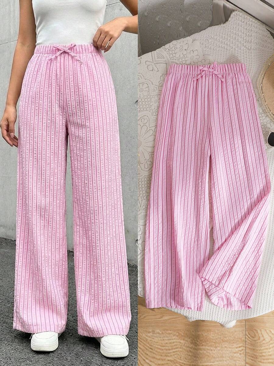 少女粉色条纹宽松阔腿裤，休闲可爱时尚百搭，适合外出、姐妹合影、公园、露营、日常穿着、聚会、度假等场合。 - 粉色 - 查看 1