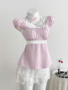 Sweetra French Romantic Beach Vacation Spring/Summer Sweet Polka Dot Halter Neck Cap Sleeve Double Ruffle Hem Women Pink Blouse - Pink - View 1