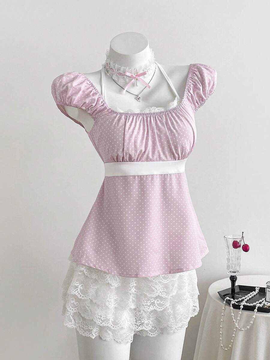 Sweetra French Romantic Beach Vacation Spring/Summer Sweet Polka Dot Halter Neck Cap Sleeve Double Ruffle Hem Women Pink Blouse - Pink - View 1