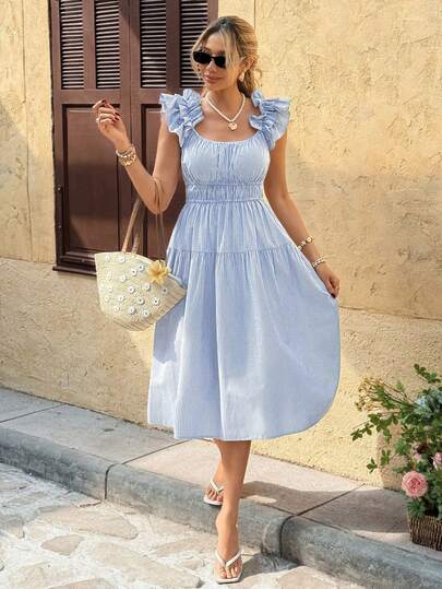 Serisse Women's Vacation Summer Cotton Blue And White Striped  Striped Ruffle Trim Shirred Waist  Patchwork Hem Casual  A-Line Mid-Length Dress,Dress In Marine,Blue Dresses For Women,Elegant Summer Resort Dress,Elegant Dresses For Women,Holiday Dress,Summer Holiday Outfits,Suitable For Daily Wear, Going Out, Holidays, Vacations,Valentine's Day , Old Money,Business Casual Woman Office Outfits For Women,Homecoming Dress,Casual Dresses For Women Casual,Fasching Women Costume,Summer Dresses ,Wedding Guest Dress For Women ,Vacation Dresses Blue Striped Dress ,Summer Dress