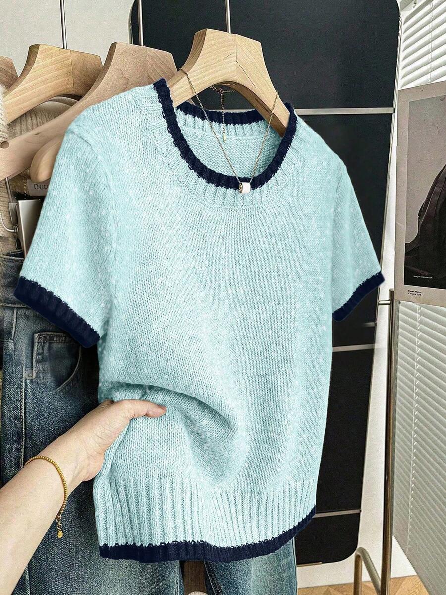 SHEIN Franclia Áo kiểu dệt kim phối màu tương phản, phong cách thường ngày, cá tính, dành cho nữ, thích hợp cho mùa hè. - Màu xanh nhạt - Xem 1