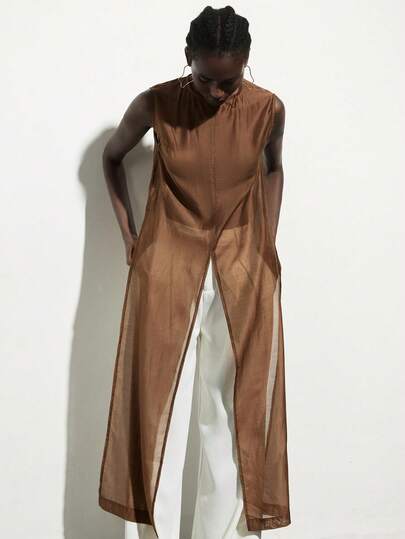 Aveloria Modichic Silky Satin Finish, Deep Chocolate Brown Color Scheme, Minimalist Modern Style, Round Neck Sleeveless Design, Front Center Slit Detail, Smooth Fabric Texture, Loose Straight Cut, Strong Luster, Lightweight, Suitable For Commuting, Office, Evening Gatherings, Art Exhibitions, Fashion Parties And Other Occasions. Front Shorter, Back Longer Design Women's Round Neck Sleeveless Loose Shiny Fabric Extra Long Shirt