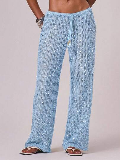 Musera Resort Women Cover Ups Ibiza Boho Vacation Holiday Beach Elegant Summer Sequin Wide Leg Crochet Trouser