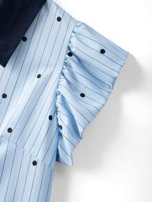 GlowEve CURVE Áo sơ mi nữ cỡ lớn kiểu mới, cổ áo phối màu tương phản, kẻ sọc chấm bi, tay ngắn, tay bồng xếp ly, ôm dáng, phong cách thường ngày trẻ trung, phù hợp cho đi làm, mặc ở nhà, đi chơi với bạn bè, văn phòng, du lịch ngắn ngày. - Màu xanh nhạt - Xem 5