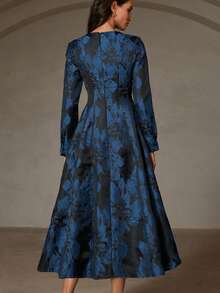 Aveloria Rosie 优雅复古提花圆领长袖收腰喇叭裙 - 藍色 - 查看 6