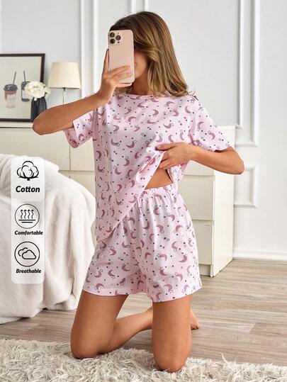 SHEIN Cotton Women Casual Contrast Colour Stripe And Moon Pattern Round Neck Short Sleeved Top&Shorts Homewear Comfort Pajama Set