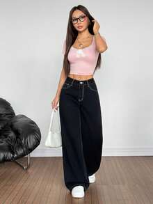 SHEIN PETITE Women's Cross Embroidery Pocket Wide Leg Loose Casual Jeans - White - View 5