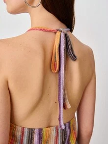 Nöista 多色针织竖条纹露背上衣，深V领口，正面系带设计。适合春季、夏季、波西米亚风、节日、海滩穿着。 - 彩色 - 查看 7
