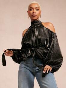 Vixey Blusa con hombros descubiertos, mangas globo y dobladillo con bufanda, con adornos de strass y organza - Negro - Ver 1