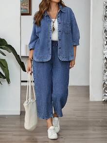 EMERY ROSE Plus Size Casual Washed Denim Blouse - Medium Wash - View 3