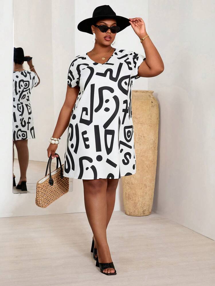 Plus Size Summer Vacation Casual Allover Print Dress Women S Plus Size Dresses Abstract Print Dress Plus Size Summer Dresses Plus Size Dress Casual Plus Size New Arrivals Summer Outfits For Women  Beach Outfit For Women  Casual  Vacation Outfits Women Country Concert Outfit Peplum