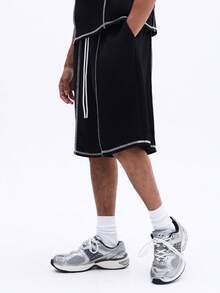 男士黑色背心短裤套装，撞色缝线，休闲夏季两件套，无袖家居服套装 - 黑色 - 查看 4