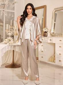 SHEIN 水溶性蕾丝边仿丝绸优雅睡衣套装 - 香檳色 - 查看 4