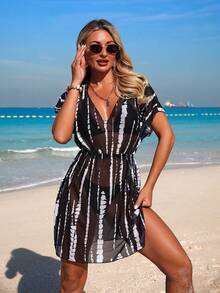 Swim Lushoire Đầm che phủ tay cánh dơi bằng vải lưới nhuộm tie-dye dành cho nữ, thích hợp cho kỳ nghỉ. - Đen và trắng - Xem 6