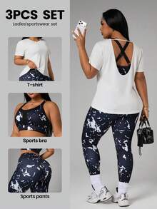 Rhythm Era 3pcs/Set Women's Casual Sports Printed T-Shirt, Tank Top & Leggings - Black and White - View 3