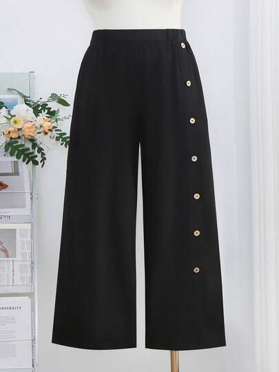 Modelyn Women's Elegant Casual Front Button Solid Color Straight Leg Plus Size Pants, Spring/Summer