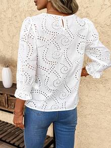 SHEIN Clasi 女士度假款七分袖圆领刺绣衬衫 - 米色 - 查看 2