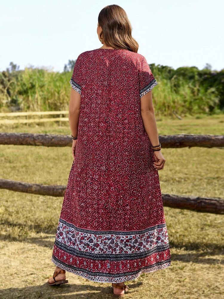 Plus Size Women's Summer Casual Vacation Country Floral Print Maxi Long Beach Dress For Vacation,Summer Outfits For Women ,Vacation Outfits Women ,Holiday Outfits For Women,Going Out Outfits,2026 New Clothes,Simple And Fashionable For Everyday Wear,Suitable For Summer, Vacation, Daily Wear, Festival Outfits For Women,Country Concert Outfit,Beach Outfits For Women,Western Style,Flowy Dress
