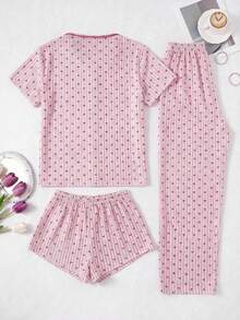 SHEIN 女士纯棉三件套粉色条纹家居服，撞色缝线纽扣前襟设计，短袖衬衫、短裤和长裤，舒适休闲睡衣套装 - 粉色 - 查看 2