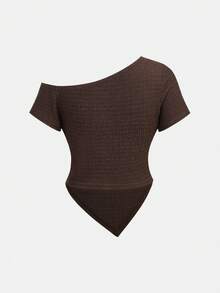 Firerie Kids 少女休闲日常棕色纹理面料不对称领短袖弧形下摆上衣和直筒裤套装 - 棕色 - 查看 6