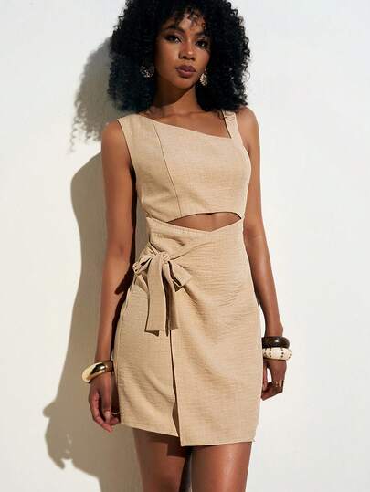 Zivah 2026 Casual Linen Vacation Notched Neck Side Patch Tie Waist Khaki Short Dress