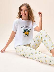 Loomlin Cotton 2pcs Women Limon Print Short And Limoncello Print Top Homewear Pajama Set - Yellow - View 5