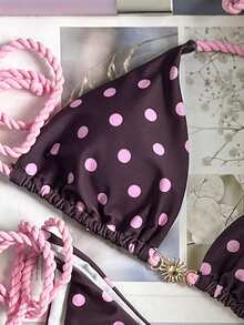 Swim Mod Women's New Polka Dot Printed Metal Sun Decoration Rope Bikini Set For Spring And Summer Wine Red Dot Swimsuit Beach Wear Vacation Pool Spring And Summer Holiday Party - Multicolor - View 5