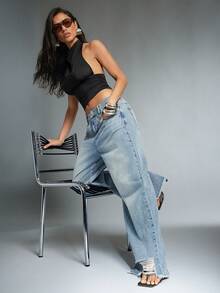 Denimoi Distressed Hem Wide Leg Denim Jeans Fashionable Streetwear Boyfriend Jeans Wide Leg Jean - Medium Wash - View 5