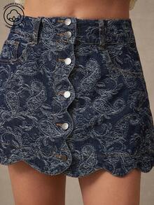 WESTFADE 提花佩斯利牛仔布纽扣前开襟扇形迷你裙，适合春季、夏季、度假、节日、牛仔风、可爱、波西米亚风穿着。 - 中等水洗藍 - 查看 4