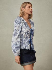 WESTFADE Washed Floral Print 100% Cotton V Neck Tie Front Puff Sleeve Peplum Top - Blue - View 4