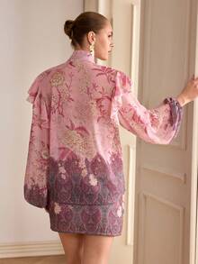 Women's Romantic Floral Print Tie Neck Lantern Sleeve Cardigan And Skirt 2-Piece Set - Pink - View 7