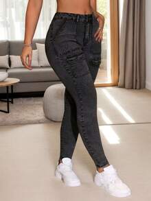 Women's Elastane Fitted Jeans With Multiple Pockets - Black - View 3