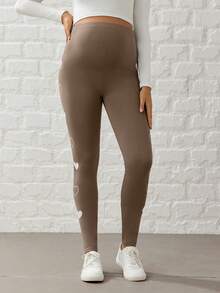SHEIN Adjustable Waist Maternity Heart Print Leggings - Coffee Brown - View 3