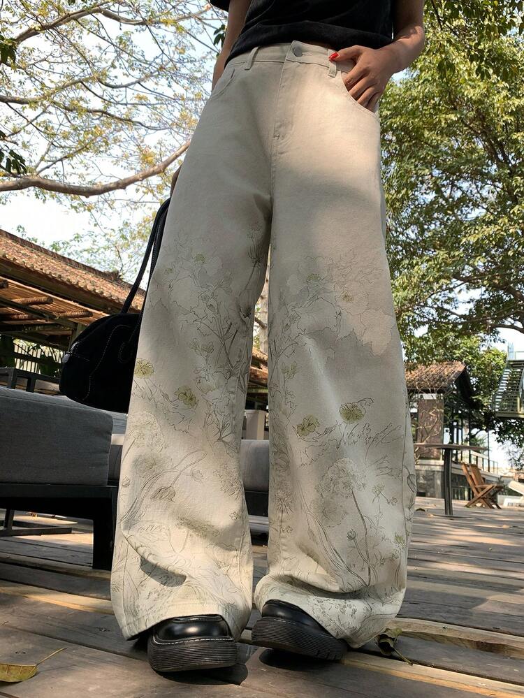 Women's Floral Print Loose Washed Casual Jeans, Korean Style