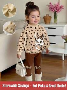 2pcs/Set Baby Girl Cute Rabbit & Leopard Print Casual Sweatshirt And Leggings Set, Suitable For Autumn/Winter - Multicolor - View 1