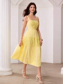 Modelyn Đầm dáng xòe lãng mạn kiểu dáng nghỉ dưỡng, dây mảnh, thêu ren, nhiều mảnh ghép, thích hợp cho mùa xuân/hè. - Màu vàng - Xem 7
