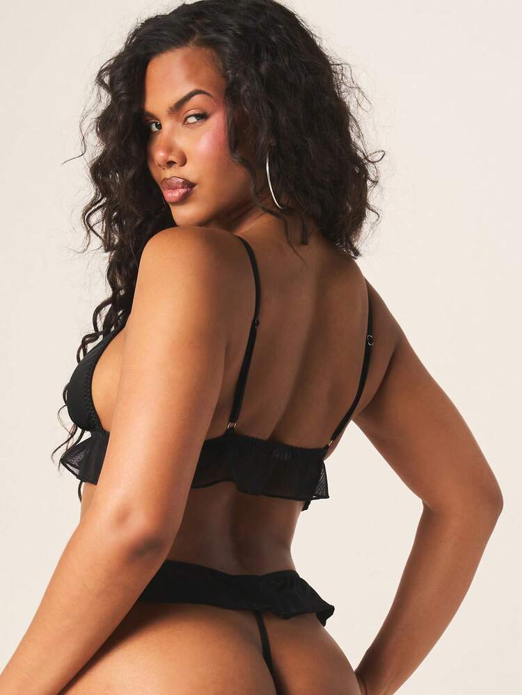 MISSGUIDED Satin Mesh Ruffle Bralette And Panty Set Two Piece Lingerie Delicate Strappy Details Intimate Occasion Elegant V Neck Wire Free Comfortable Everyday Feminine
