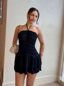 LHSEPT Women Summer Halter Tie Up Waist Ruffle Mini Dress - Navy Blue - View 3