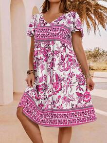 EMERY ROSE Vestido casual de vacaciones con estampado floral de talla grande - Rosa Fucsia - Ver 1