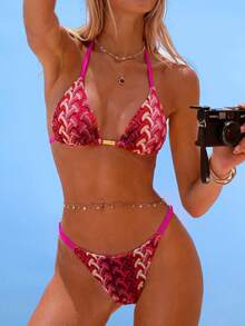 Swim Vcay Women's Jacquard Fabric Halter Bikini Set, Spring/Summer - Multicolor - View 1