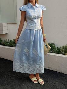 DAZY 女士夏季休闲度假花卉刺绣短袖上衣和半裙两件套 - 藍色 - 查看 6
