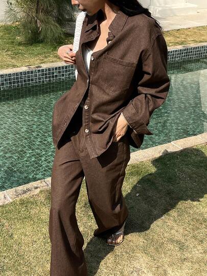 DAZY Women's Casual Solid Color Washed Pocket Shirt And Wide Leg Jeans Set, Spring