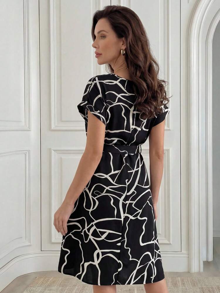 Graphic Print Batwing Sleeve Belted Dress Casual Outfit For Women Spring Summer