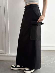 DAZY 女士纯色实用口袋休闲长裙 - 黑色 - 查看 6