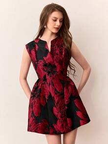 EMERY ROSE 优雅提花织纹撞色荷叶边无袖连衣裙，尽显高贵典雅。 - 彩色 - 查看 4