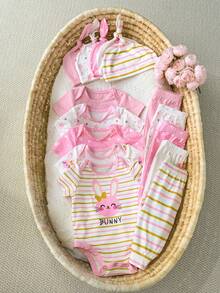 SHEIN 新生女宝宝15件套春夏可爱针织波点彩虹太阳草莓图案连体衣、帽子、手套套装，适合居家和日常生活穿着。 - 彩色 - 查看 6